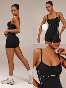 GLOWMODE 4.3" FeatherFit™ How Low Can You Go Two-Tone Low Back Bodysuit With Adjustable Straps & Removable Cups Yoga Pilates Studio Summer Wear - Black - View 9