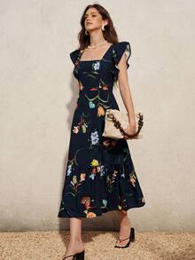 BELROSIE Ditsy Floral Design Flutter Sleeve Square Neck Tie Back Pleated Hem Midi Dress For Women Vacation Navy Blue Floral Summer Romantic Elegant - Multicolor - View 6