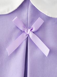 SHEIN Elladie kids 女孩紫色扎染褶皱可爱蝴蝶结装饰背心和时尚阔腿裤套装，适合休闲、通勤、简约风格 - 紫色 - 查看 8