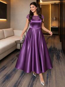 SHEIN Lady CURVE Plus Size Women's Lace Patchwork Elegant French Style Evening Formal Wedding Guest Dress For Party Wedding And Birthday Purple Summer Graduation - Purple - View 3