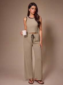Lazeform Women's Casual Knitted Jacquard Tank Top Loungewear Pajama Set - Grey - View 5