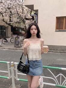 SHEIN MOD Màu be kem Organza Ruy băng thêu lưới kết cấu dây đeo nơ yếm dành cho nữ - Màu be - Xem 5