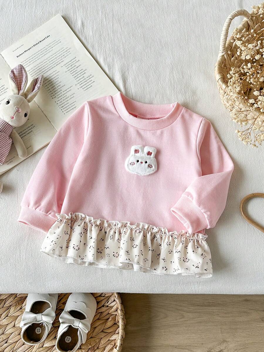 SHEIN 女嬰時尚刺繡蕾絲下擺印花運動衫 - 粉色 - 查看 1