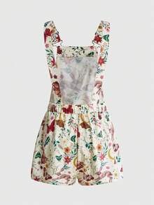 ROMWE Vintage Forest Fairycore Rabbit Moon Print Overall Shorts - Apricot - View 2