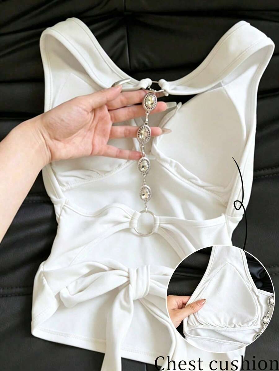 Franclia 女士休闲露背链条装饰加垫吊带背心 - 白色 - 查看 1