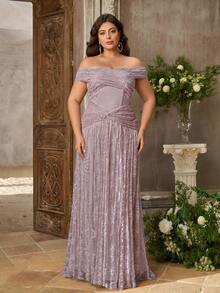 Aureia Plus Size Elegant Romantic Off-Shoulder Beaded Embroidered Heart Neckline Patchwork Mesh Pleated Design Ruffle Bodycon Mermaid Hem Evening Gown, Suitable For Festivals, Celebrations, Weddings, Balls, Concerts, Business Banquets, Guest Events, Internet Celebrity Style, Women's Heavy Work Evening Dress - Dusty Pink - View 5