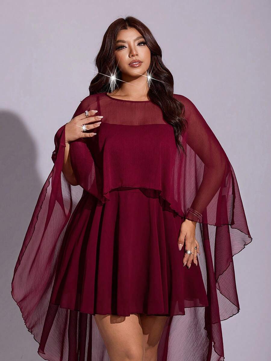 Viva Relle Plus Size Women Solid Color Spaghetti Strap Dress And Mesh Cover-Up Top Fashion Set - Burgundy - View 1