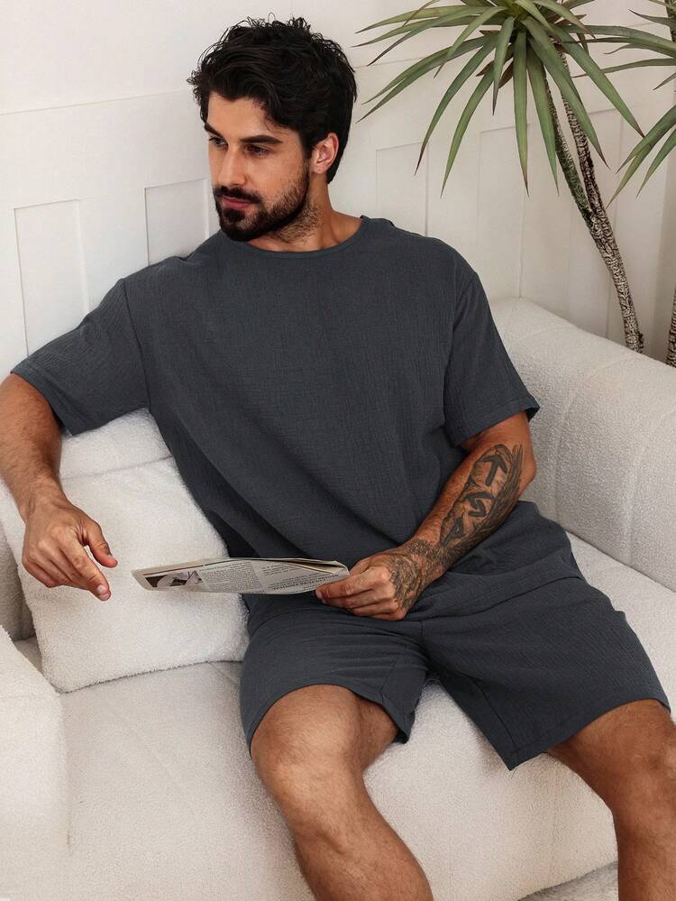 DAZY Men's Solid Gray Summer Pajama Set,Back To School Clothes - Dark Grey - View 7