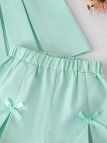 SHEIN Elladie kids 女童紫色褶皱可爱蝴蝶结装饰背心搭配时尚阔腿裤套装，适合日常休闲穿着和通勤，简约风格 - 薄荷綠 - 查看 6