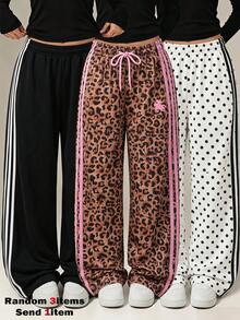 SHEIN Sparklyn 青少年女孩寬鬆休閒時尚咖啡色豹紋拼接色塊側條紋拼接寬腿褲，舒適百搭，適合度假、旅行、外出、校園、日常穿著等多種場合 - 棕色 - 查看 10