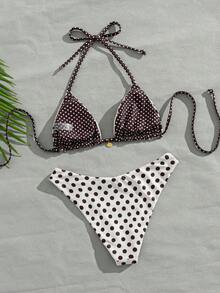 Sunnyshic Swim Mod Women's Sweet Polka Dot Colorblock Reversible Bikini Set - Multicolor - View 2