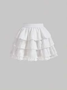 SHEIN MOD Contrast Lace Layer Hem Skirt Ruffle Skirtskirt White - White - View 3