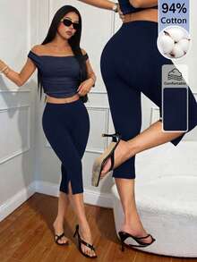 SHEIN PETITE 女款純色休閒端莊基本款修身開衩七分褲 運動休閒商務通勤外出上衣 老錢風 教師夏季海軍藍工作穿搭 - 藏蓝色 - 查看 1