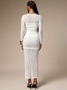 Silquee Women's Solid Color Pleated Mesh Patchwork Long Sleeve Dress,White Dresses For Women - White - View 2