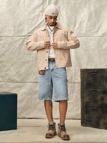 Vintage Light Blue Washed Denim Oversize Casual Cargo Shorts, Distressed Hem, Street Style - Light Wash - View 4