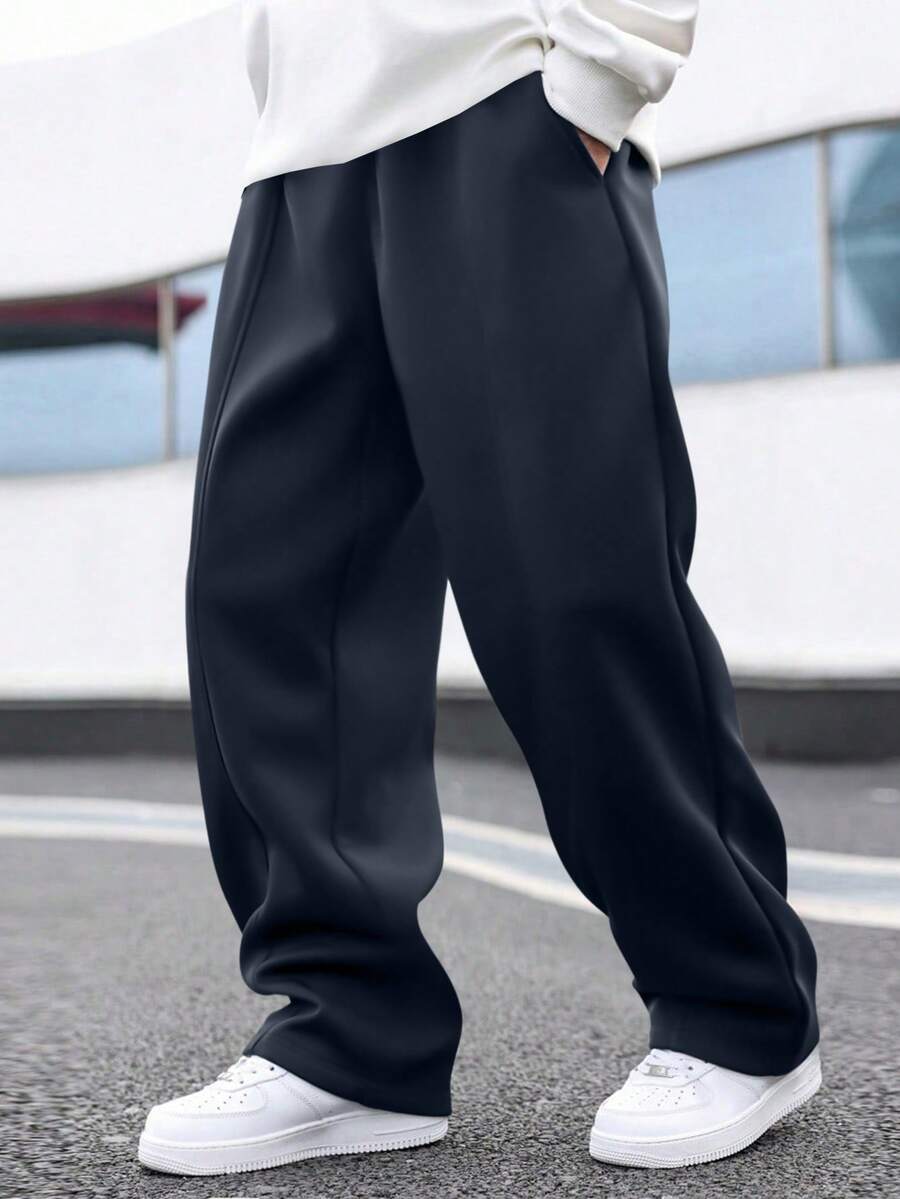 Manfinity Hypemode Plus Size Men's Solid Color Pocket Wide Leg Loose Casual Sweatpants - Navy Blue - View 1