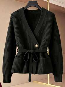 GlowEve Women's Solid Color Casual Versatile Daily Wear Long Sleeve Cardigan - Black - View 2