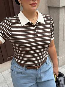 Dripcurv 大尺碼女款春季黑白條紋 Polo T恤，極簡休閒度假穿搭，女款休閒上衣，女款運動服 - 棕色 - 查看 3