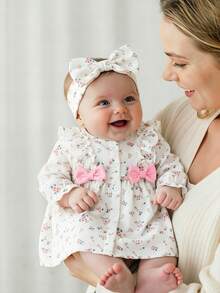 SHEIN Vintaside Kids 新生女嬰純白色圓領荷葉邊卡通櫻桃印花長袖紅色蝴蝶結洋裝，優雅可愛，適合秋季派對拍照 - 彩色 - 查看 5
