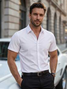 Manfinity Mode Men Casual Solid Plain Button Up Short Sleeve Dress Shirt, For Work, Business, Formal, Ceremony - White - View 3