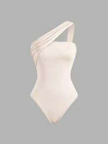 Sweetra Summer Fashion Design Asymmetric One-Shoulder Bandeau Casual Minimalist Basic Slimming Brown Black 2 Pieces Set Women's Bodysuit Going Out Off-White - Multicolor - View 4