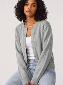 SHEIN BASICS 女款時尚度假風單排扣長袖針織開襟衫 - 深灰色 - 查看 4