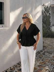 Auralis Plus Size Women Solid Color V-Neck Pleated Casual Versatile Daily Wear Blouse - Black - View 2