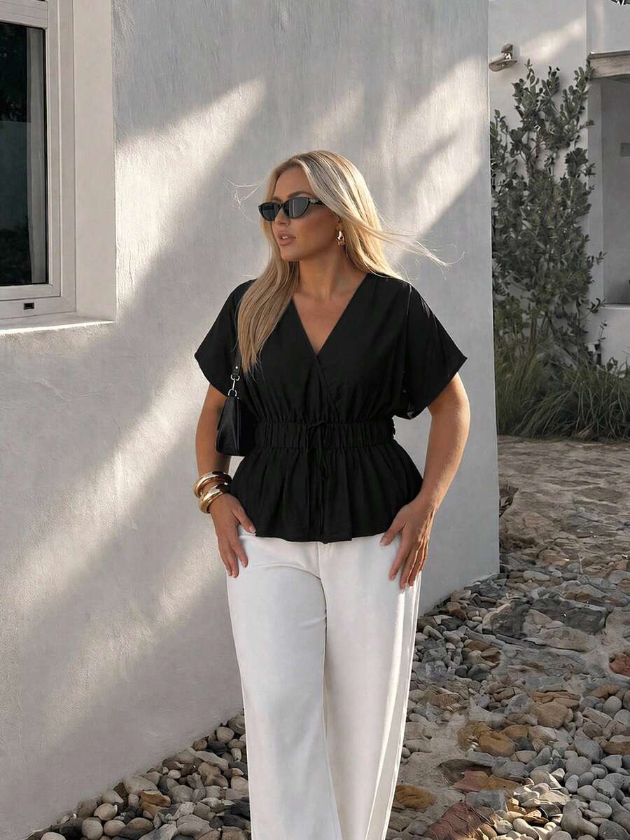 Auralis Plus Size Women Solid Color V-Neck Pleated Casual Versatile Daily Wear Blouse
