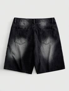 ROMWE MEN Street Life 男士時尚街頭風水鑽鈕扣口袋牛仔短褲 - 黑色 - 查看 2