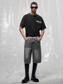IRON GLYPH Men's Shoulder Sleeve Washed Letter Print T-Shirt - Black - View 6