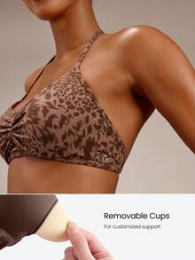 GLOWMODE FeatherFit™ Adjustable Halter Neck Backless Ruched Front Sports Bra With Removable Anti-Slip Cups Yoga Studio Pilates Daily Wear - Brown - View 5