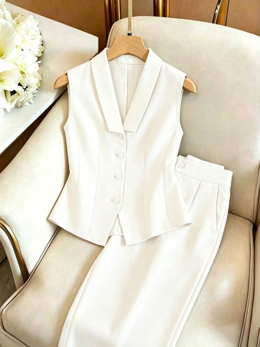 GlowEve Setelan 2 potong Rompi Putih Elegan & Celana Panjang Lurus untuk Wanita, Efek Melangsingkan, Musim Panas - Putih - View 1