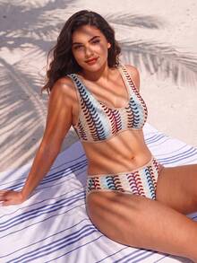 Swim Vcay Plus Size Women's Striped Bohemian Style Beach Vacation Bikini Set - Multicolor - View 3