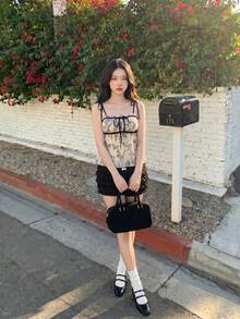 SHEIN MOD Tomato Girl Summer Kawaii Bow Women Ruched Micro Mini Shorts, Bloomers, Christmas Women - Black - View 4