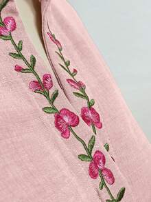 Louniche 女款夏季復古刺繡立領短袖襯衫，白色溫柔風V領花卉上衣，修身百搭通勤度假風 - 粉色 - 查看 4