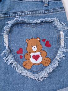 SHEIN X Care Bears 女款卡通圖案毛邊休閒日常牛仔短褲 - 藍色 - 查看 6
