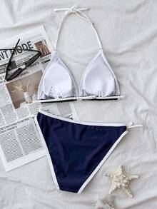 SHEIN 夏季少女纯色简约海军蓝白撞色吊带比基尼套装，休闲沙滩度假装，夏季新款少女比基尼泳装，两件式泳衣，少女两件式泳装 - 藍白色 - 查看 2