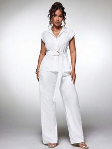 Normani Women's Solid Color Cap Sleeve Top And Long Pants Casual Elegant Daily 2 Pieces Set Vacation White Summer - White - View 3