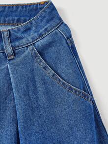 Everyssa Women's Pleated Wide Leg Loose Casual Denim Jeans With Pockets - Blue - View 6