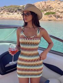 SHEIN Swim 夏季女款度假熱帶性感淺藍色紋理布料背心短洋裝罩衫，適用海灘、復活節、感恩節、母親節 - 卡其色 - 查看 3