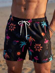 Manfinity EZcore Plus Size Men's Colorful Printed Casual Beach Shorts, Holiday - Black - View 3