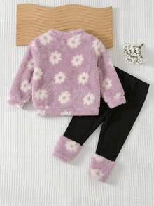 SHEIN Baby Girls Pink Fuzzy Jacket With Flower Pattern Half Zip Design For Fall Winter - Pink - View 2