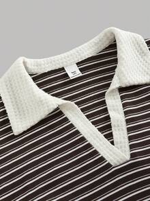 SHEIN 青少年女孩秋季復古歐美風 POLO 領拼接撞色條紋寬鬆休閒學院風長袖 T 恤與寬鬆直筒長褲 2 件套，適合日常休閒通勤百搭，返校穿搭 - 咖啡棕 - 查看 5