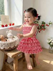 Baby Girl Plaid Cami Top And Skirt Shorts Casual Daily Outfit Set - Red - View 8