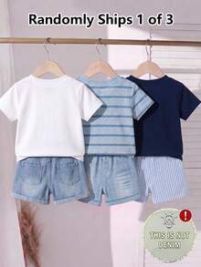 SHEIN 1 Random Set,, Simple Casual Cute Blue Bear Print Striped T-Shirt And Matching Print , Suitable For Summer Outings And Play - Multicolor - View 2