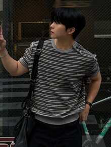 DAZY Men's Short Sleeve Striped Crew Neck Button Asymmetric Placket Knit Top - Multicolor - View 3