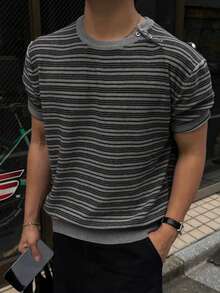 DAZY Men's Short Sleeve Striped Crew Neck Button Asymmetric Placket Knit Top - Multicolor - View 7