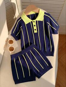 SHEIN 2件/套 嬰兒男孩嬰兒女孩夏季休閒黃色條紋 Polo 套裝，針織套裝，羊毛套裝，涼感套裝，嬰兒男孩套裝 - 彩色 - 查看 9