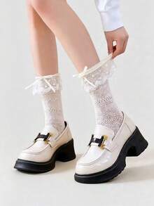 ROMWE Kawaii Women Mid-Calf Socks With Bow Decor & Glittering Details - Off-white 1 - View 1