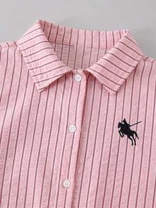 SHEIN 青少年女孩淺卡其色紋理兩件套，刺繡領長袖襯衫搭配同材質鬆緊腰寬腿褲，親膚面料，休閒隨性風格，春/秋日常街頭通勤穿搭，小眾設計極簡套裝 - 彩色 - 查看 3